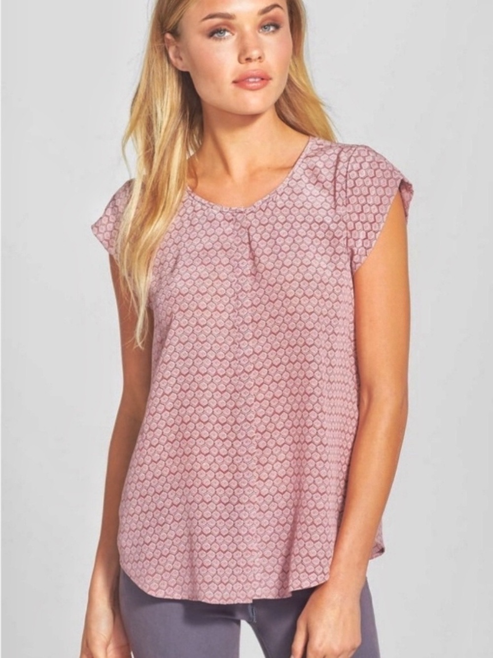 Joie Silk Cap Sleeve Blouse Pink Geometric Print Relaxed Fit Top Size S